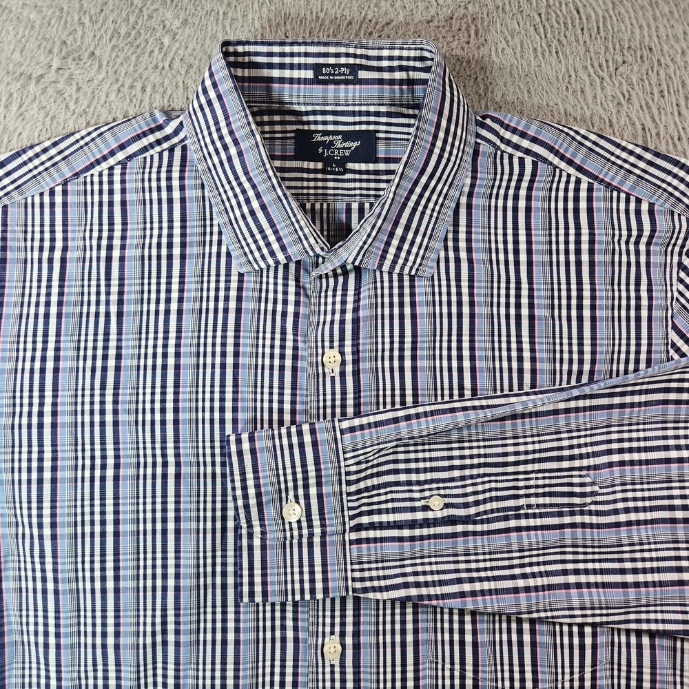 J Crew Thompson Shirtings Shirt Men Large‎ 16 16.5 Button Long Sleeve Blue White